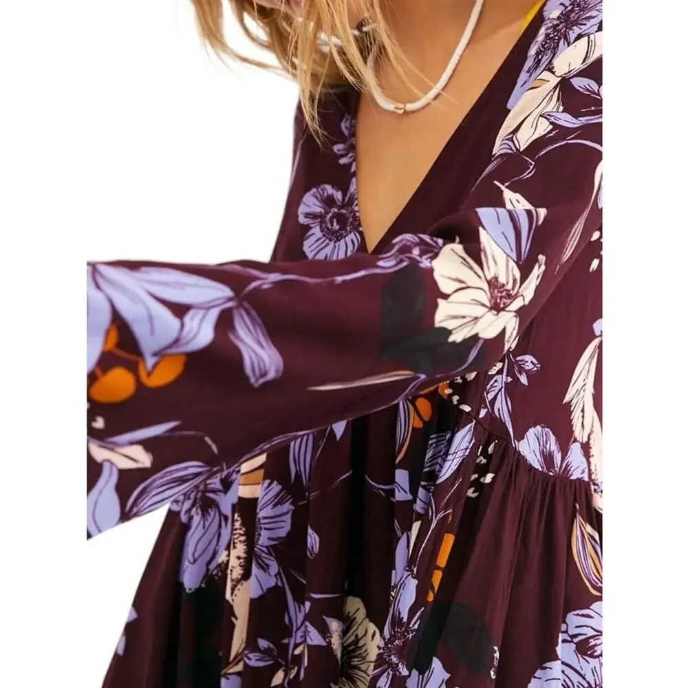 Free People Bella Top XS Burgundy Floral Boho Babydoll Tunic Bell Sleeve